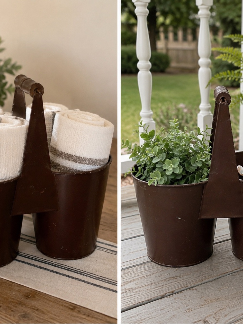 Brown Metal Double-Handled Bucket Caddy - Rustic Home Accent